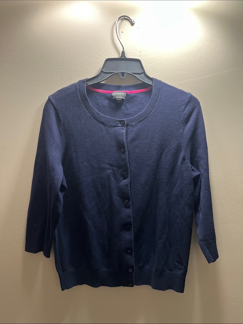 Talbots Navy Button-Front Crewneck Cardigan with Pink Trim